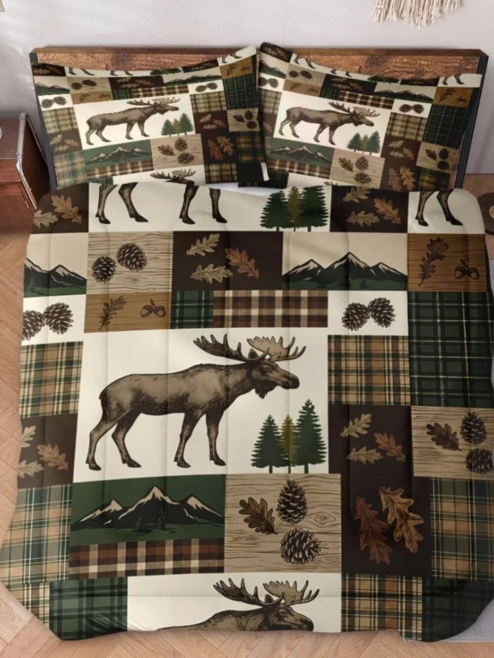 3 Pcs Queen Size Comforter Set with 2 Pillowcases, Moose Rustic Patchwork Soft B